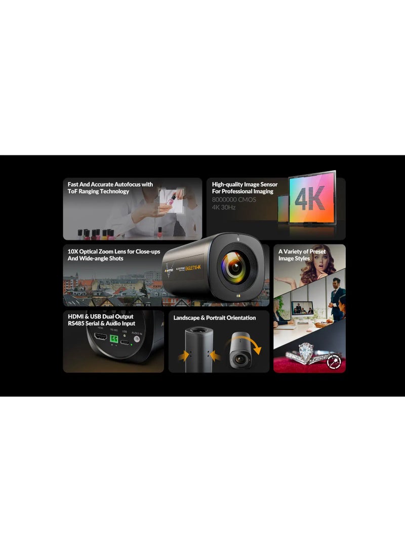 AVMATRIX Eagle T10-4K Live Streaming Camera, 10X Optical Zoom ToF Autofocus, 75.4° Wide, USB3.0 & HDMI Out, 1080P60/2160P30, Portrait/Landscape for OBS Zoom Teams YouTube Twitch Facebook. - Image 4